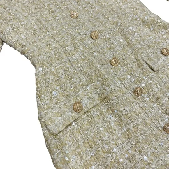 Gianni Bini Lissy Sequin Tweed Long Sleeve Button Front Mini Dress Champagne NEW - Picture 6 of 16